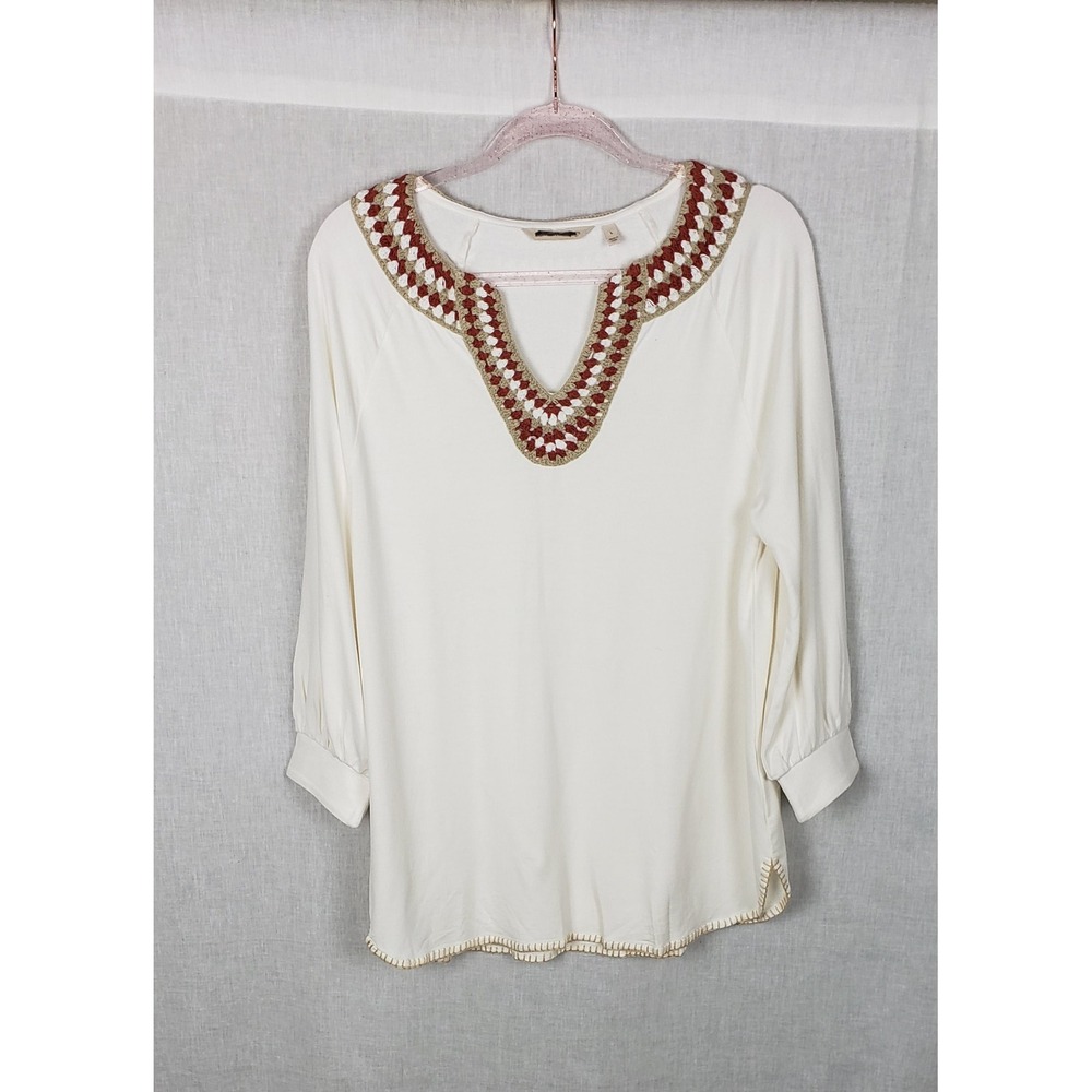 Soft Surroundings Ivory Crochet Neckline Tunic Top L Casual Boho Festive Cottage